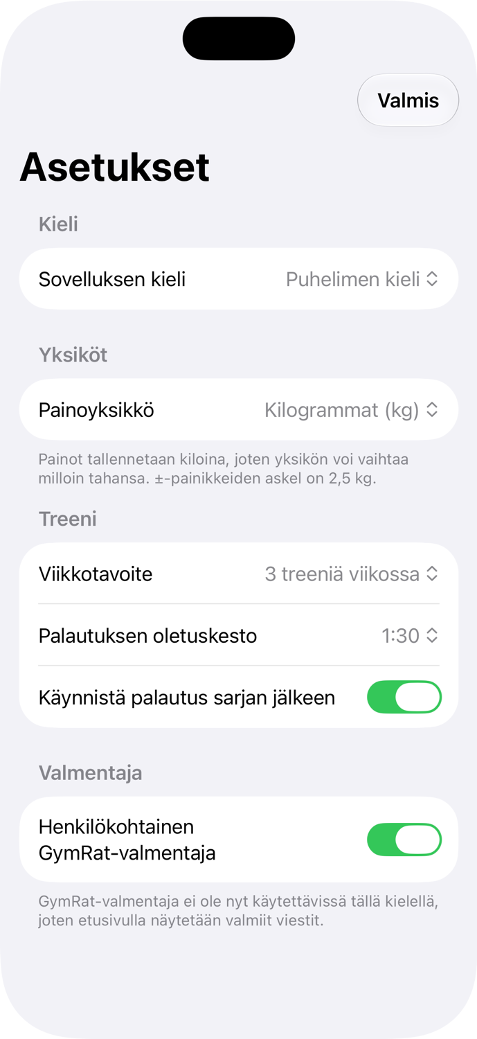 GymRat: Asetukset